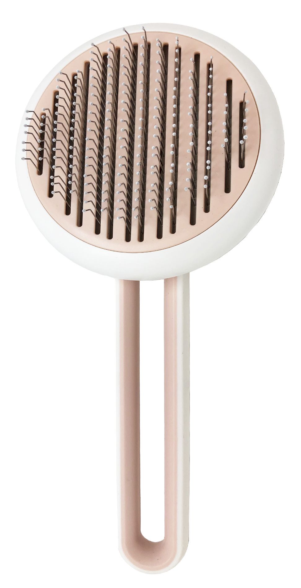 Round brush with bristle head and pink handle on a white background