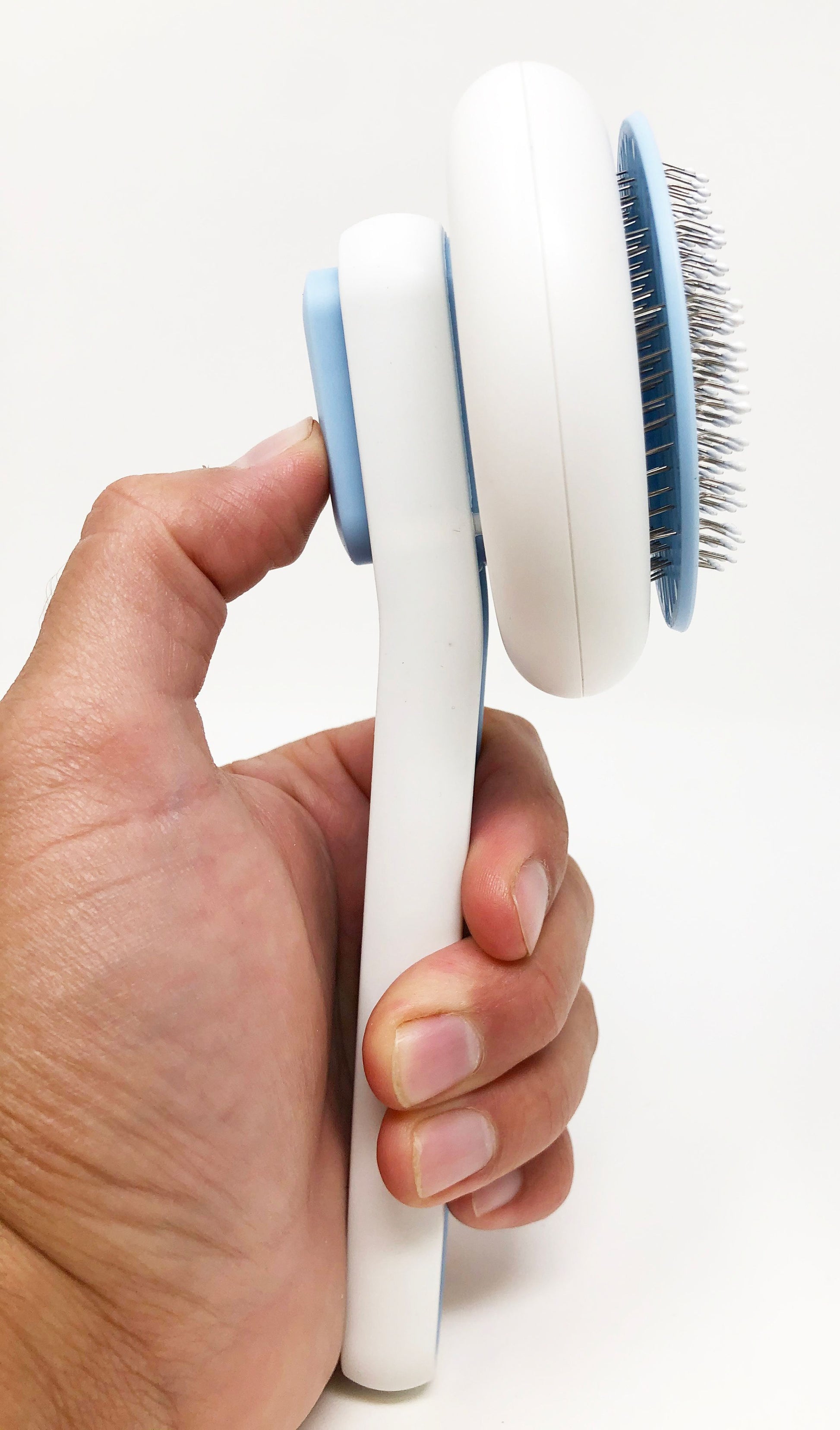 Hand holding a white and blue grooming brush on a white background