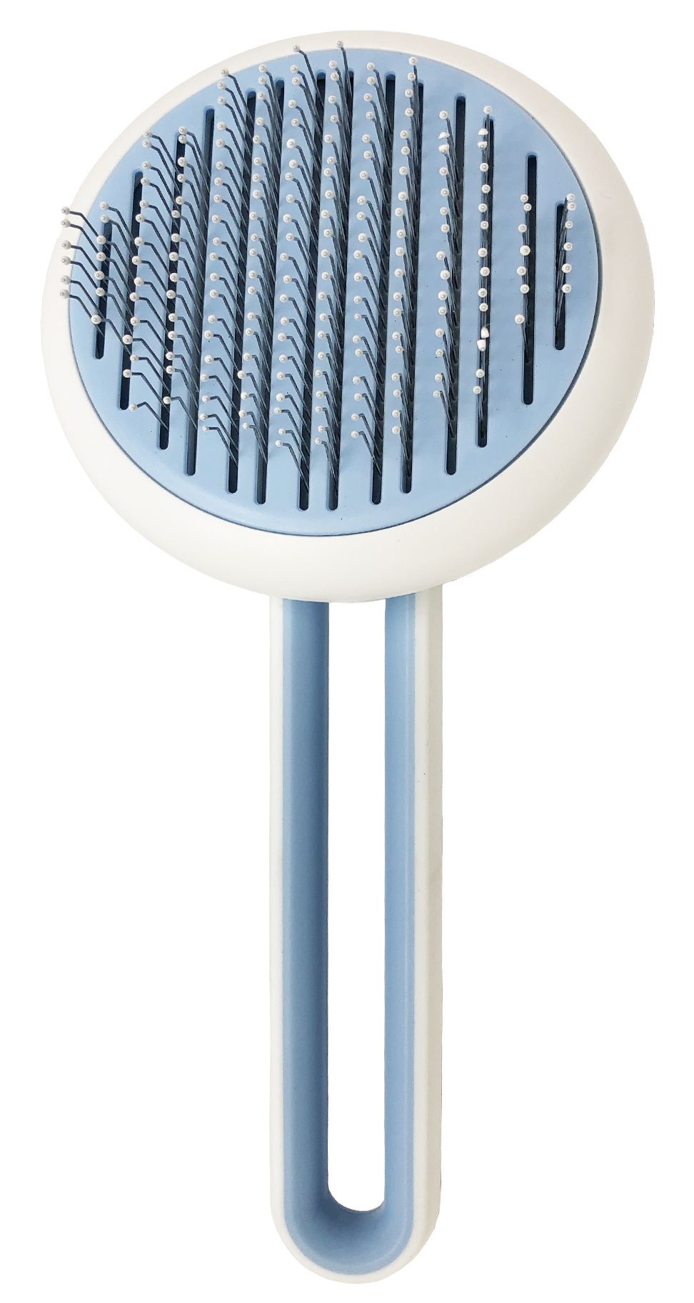 Blue and white pet grooming brush on a white background