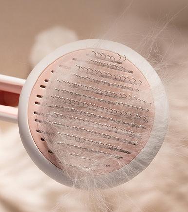 Hair removal brush with hair collected on it against a neutral background