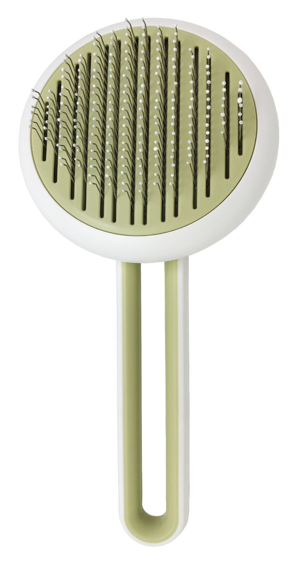 Round pet grooming brush with a handle on a white background