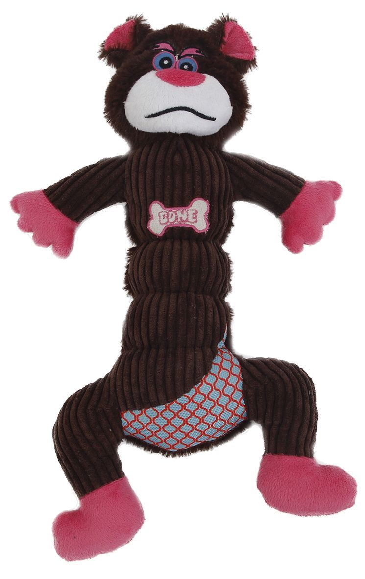 Dog toy resembling a monkey with brown body, pink feet and ears, and blue eyes on a white background.