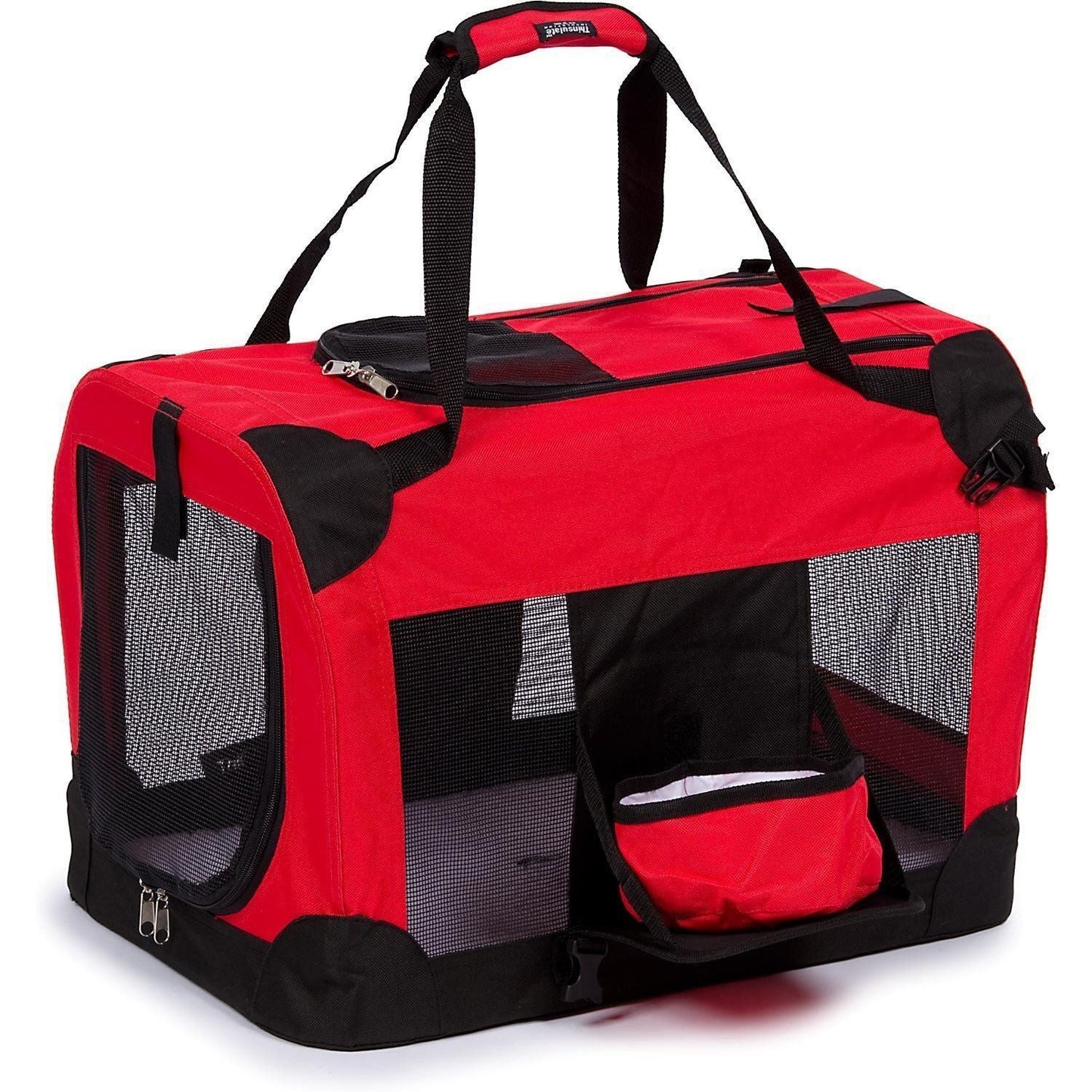 Red and black pet carrier with a handle on a white background