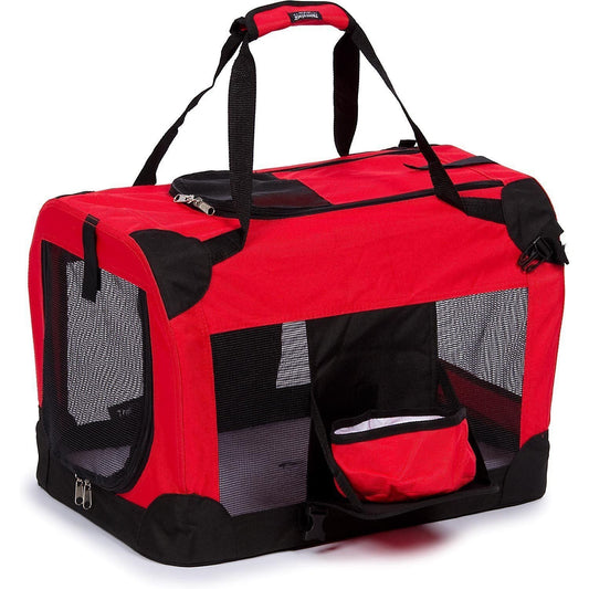 Red and black pet carrier with a handle on a white background
