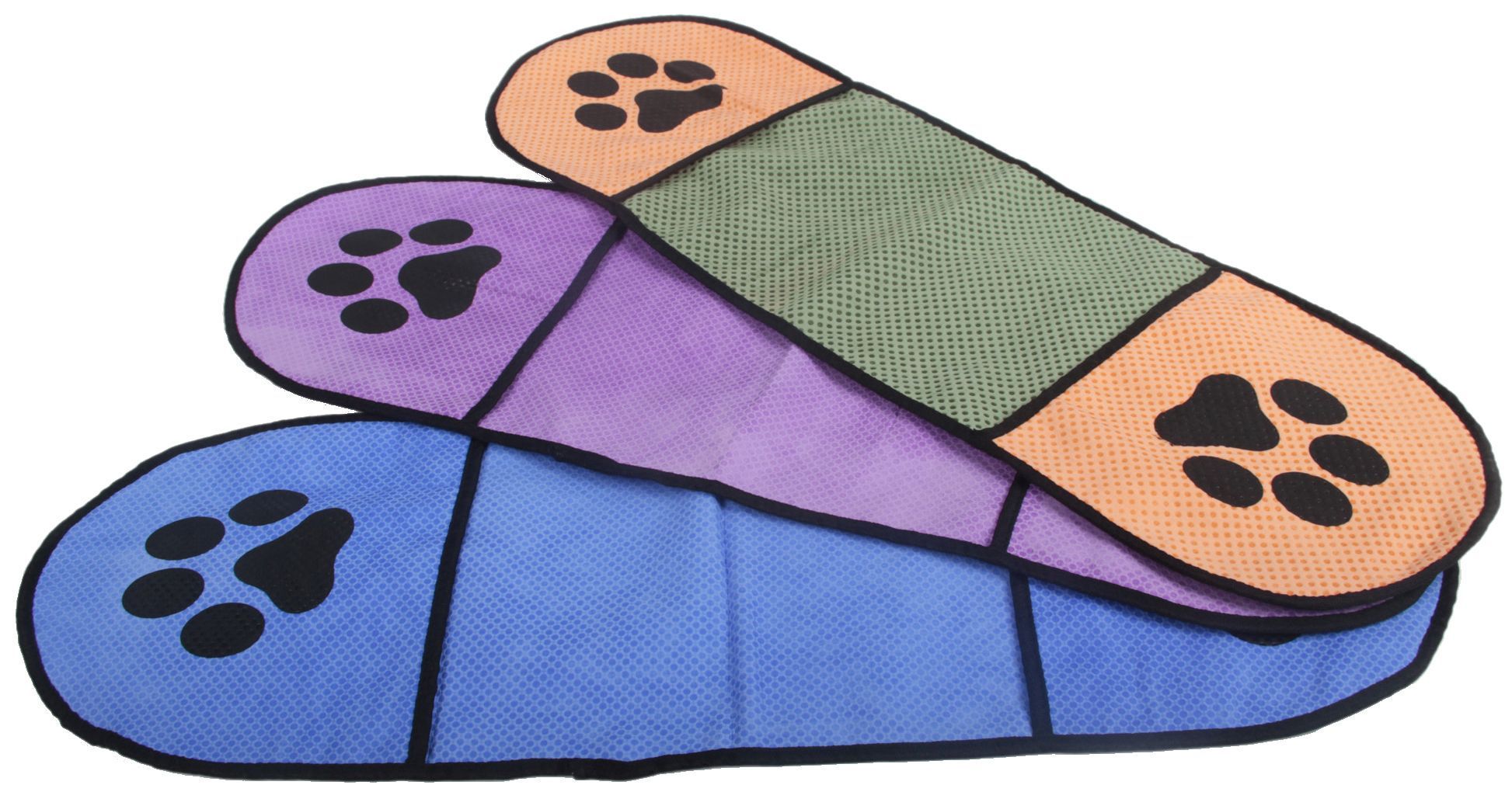 Colorful pet mat with paw prints on a white background
