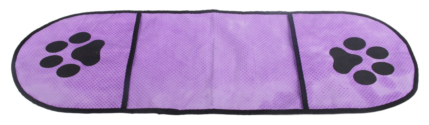Purple car mat with black paw prints on a white background