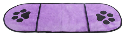 Purple car mat with black paw prints on a white background