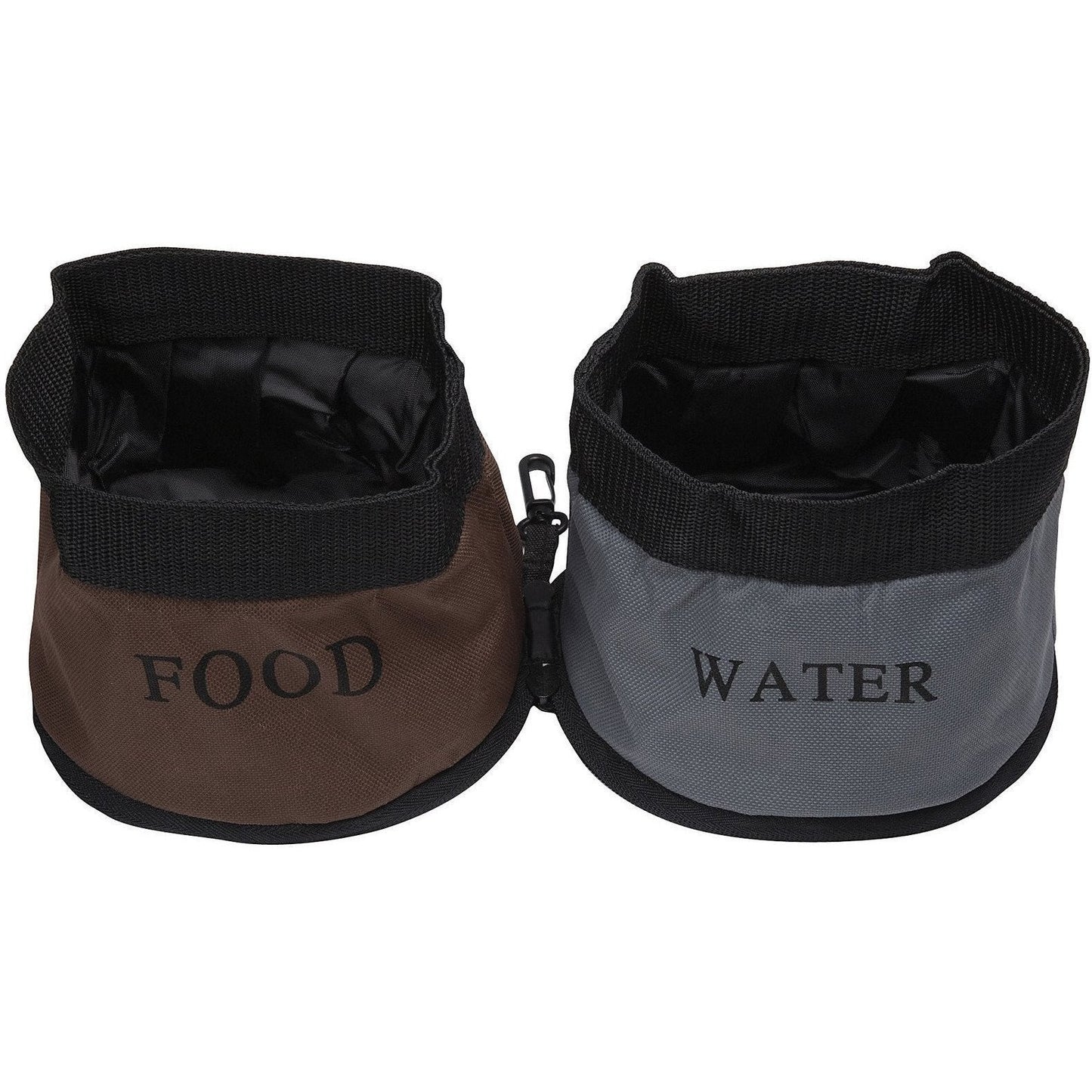 Two portable pet food and water containers labeled 'FOOD' and 'WATER' on a white background.