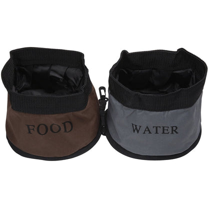 Two portable pet food and water containers labeled 'FOOD' and 'WATER' on a white background.