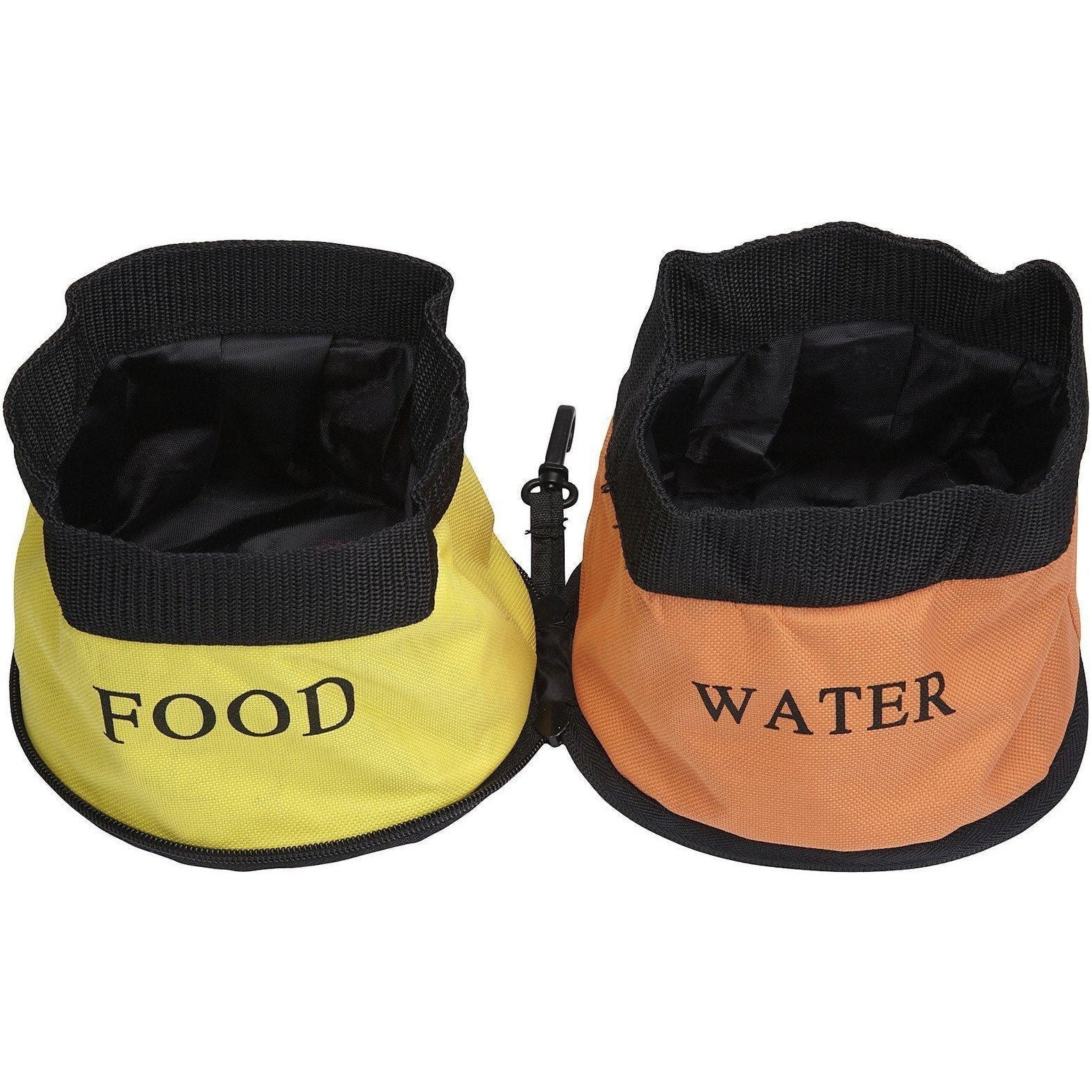 Two portable pet food and water bowls, one yellow labeled 'FOOD' and one orange labeled 'WATER', on a white background.