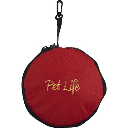 Red pet accessory with 'Pet Life' embroidery on a white background