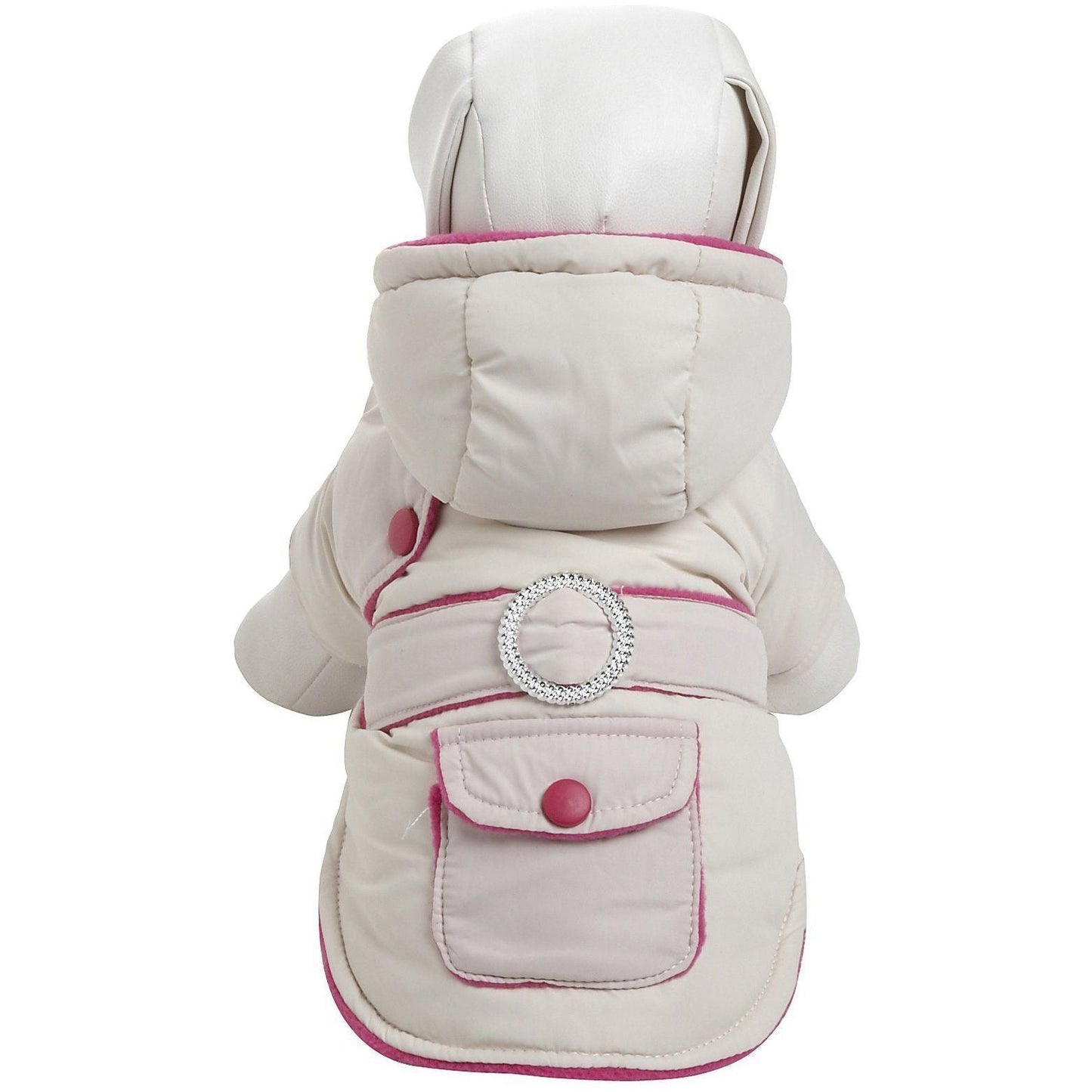 White and pink dog coat with a decorative button on a white background