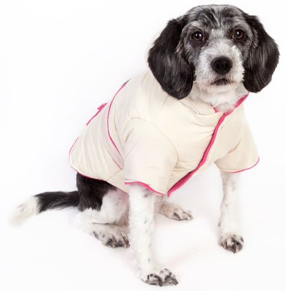 Dog wearing a cream-colored quilted jacket with pink trim on a white background