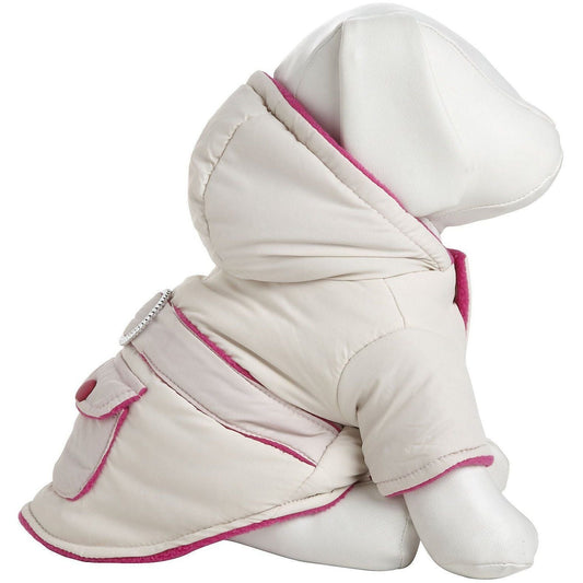 White dog coat with pink trim on a white background