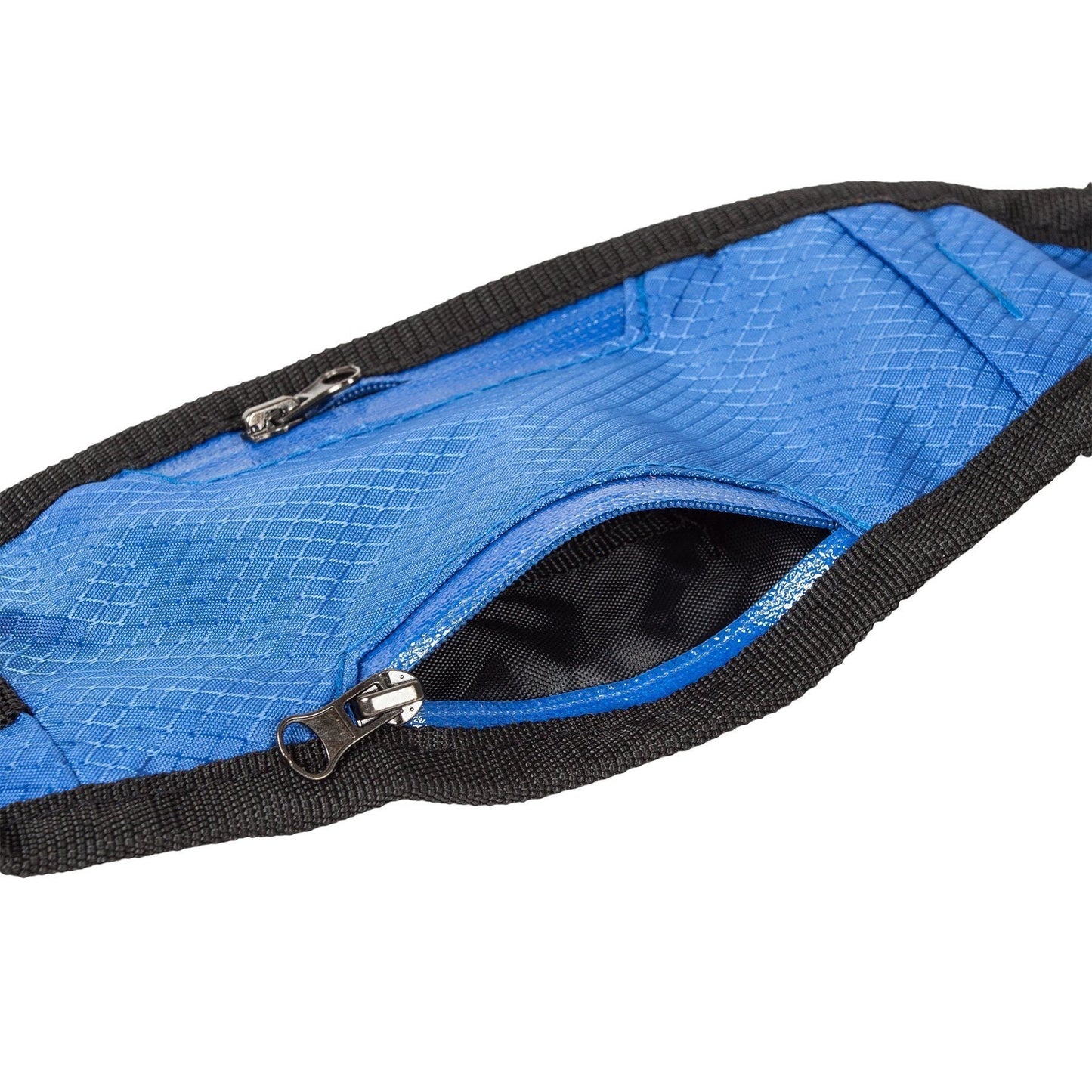Blue waist bag with black zipper on a white background