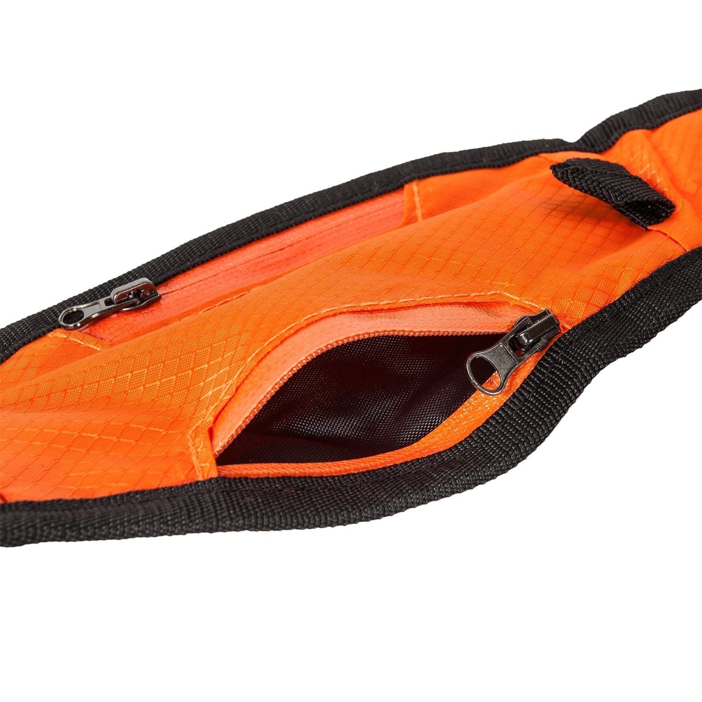 Close-up of an orange bag with black zipper on a white background