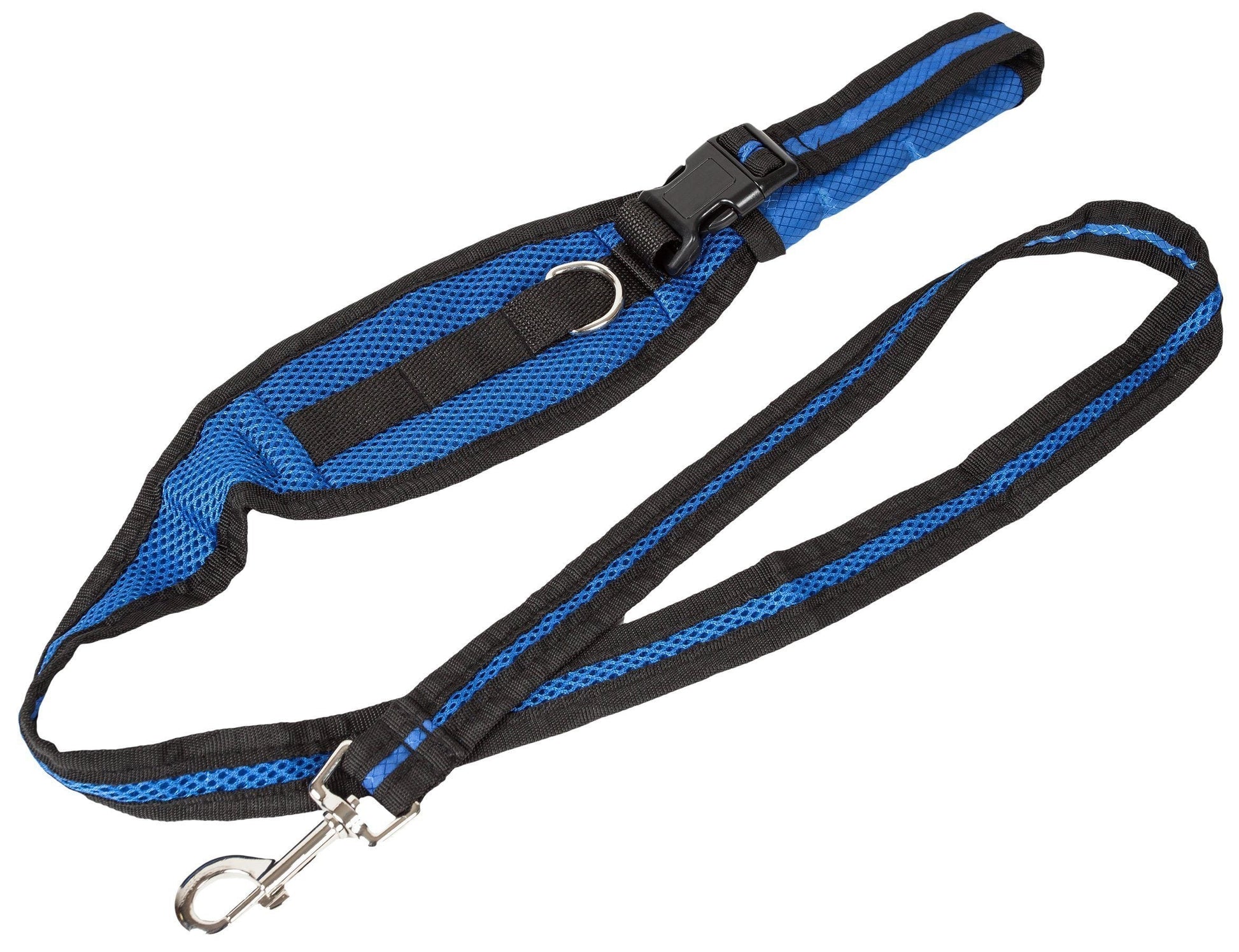 Blue and black dog leash with handle on a white background