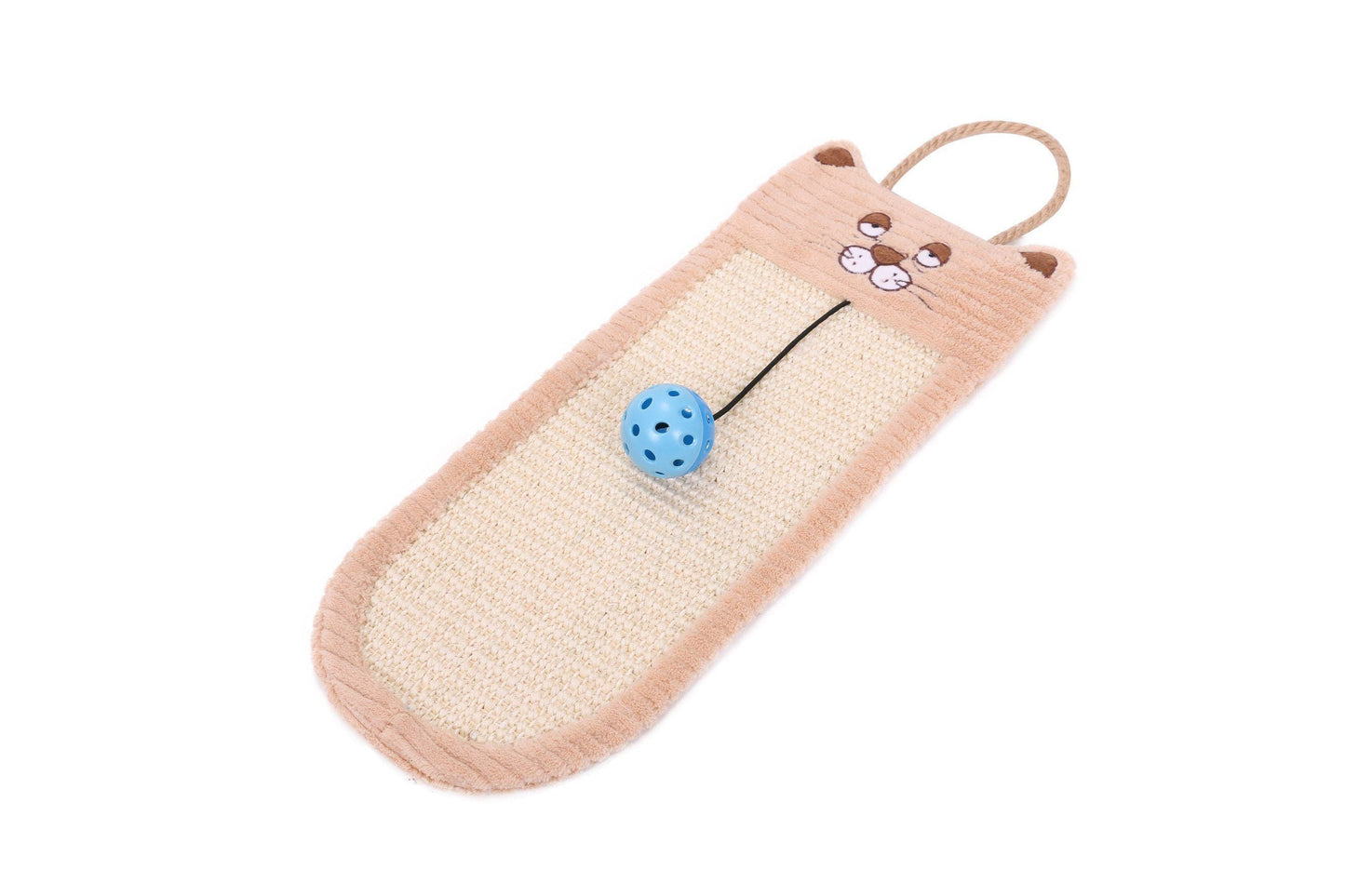 Cat toy with a bear face design and a blue ball on a white background