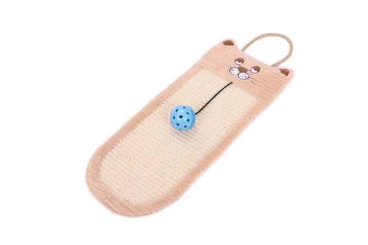 Cat toy with a bear face design and a blue ball on a white background