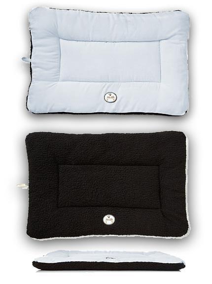 Two rectangular cushions, one black and one light blue, on a white background.