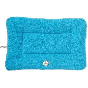 Blue textured pouch with a brand logo on a white background