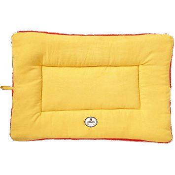 Yellow pet bed with red trim on a white background