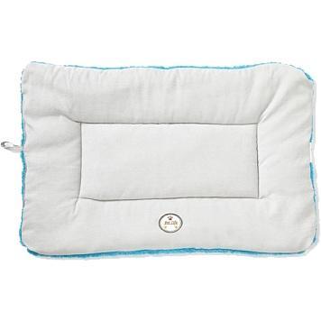 White pillow with blue trim on a white background