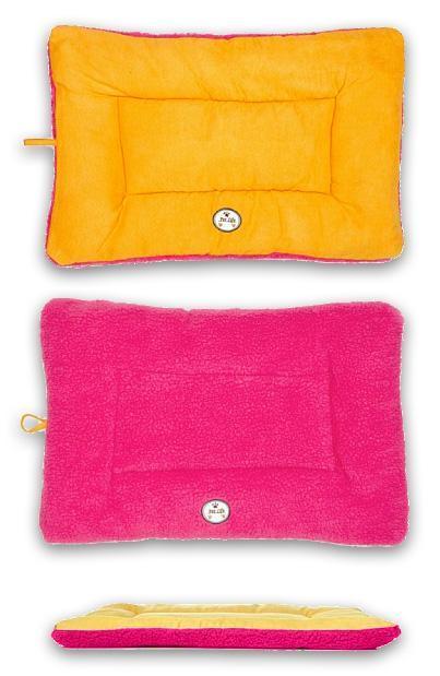 Two rectangular pouches, one orange and one pink, with a small logo on a white background.