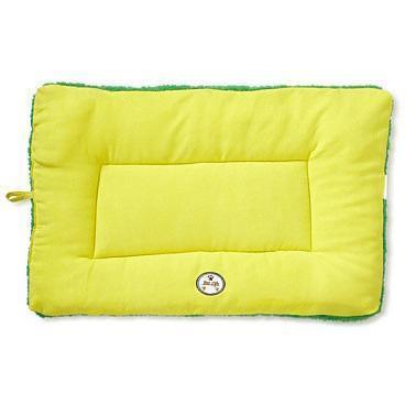 Yellow pet bed with green trim on a white background