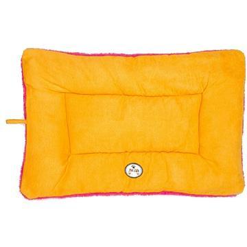 Orange pet bed with pink trim on a white background