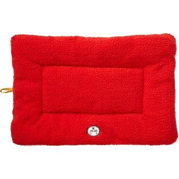 Red pet bed with a visible brand logo on a white background