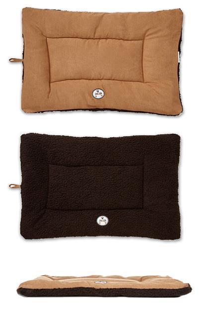 Three rectangular pet beds in brown, black, and a mix of both colors on a white background.