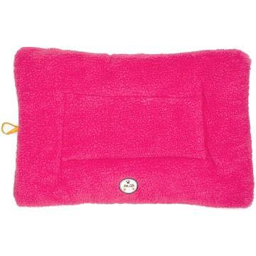 Pink textured pouch with a small round label on a white background