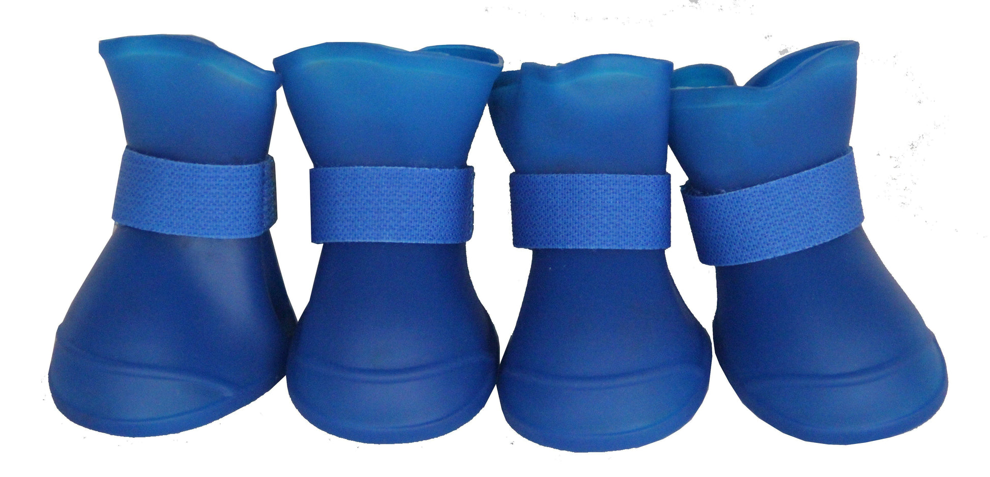 Set of four blue pet boots with straps on a white background