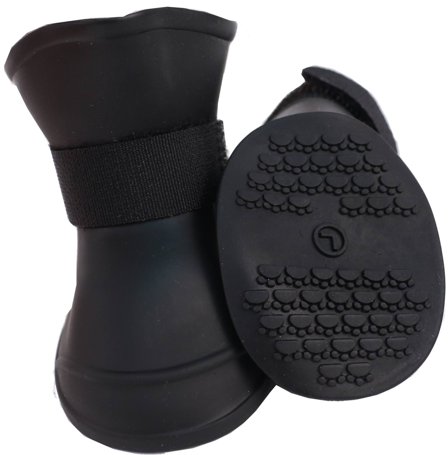 Black dog boots with textured sole on a white background