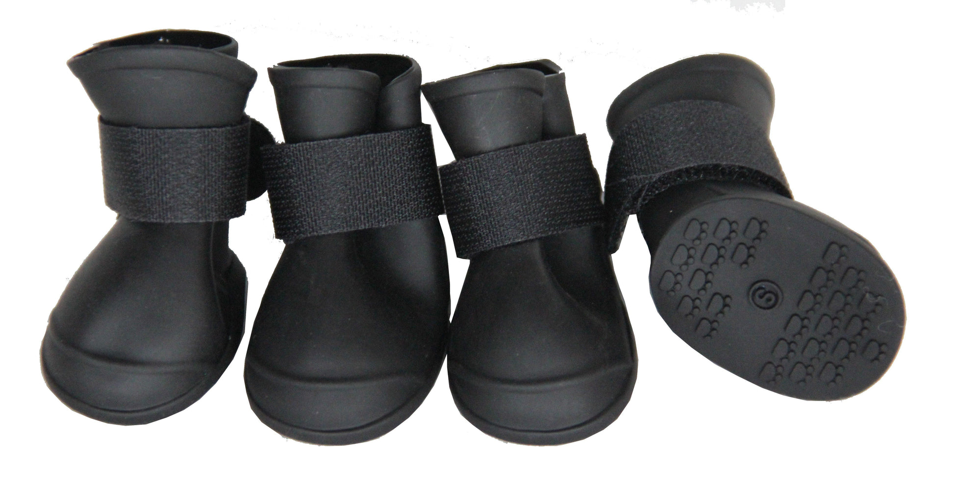 Four black pet boots with straps on a white background
