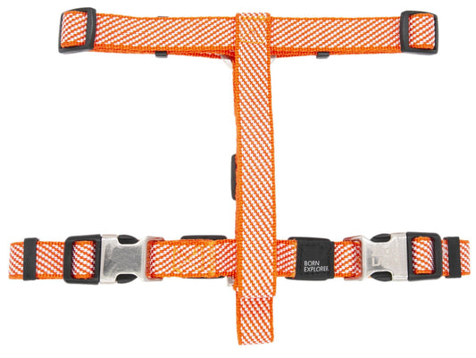 Orange mesh dog harness with black straps on a white background