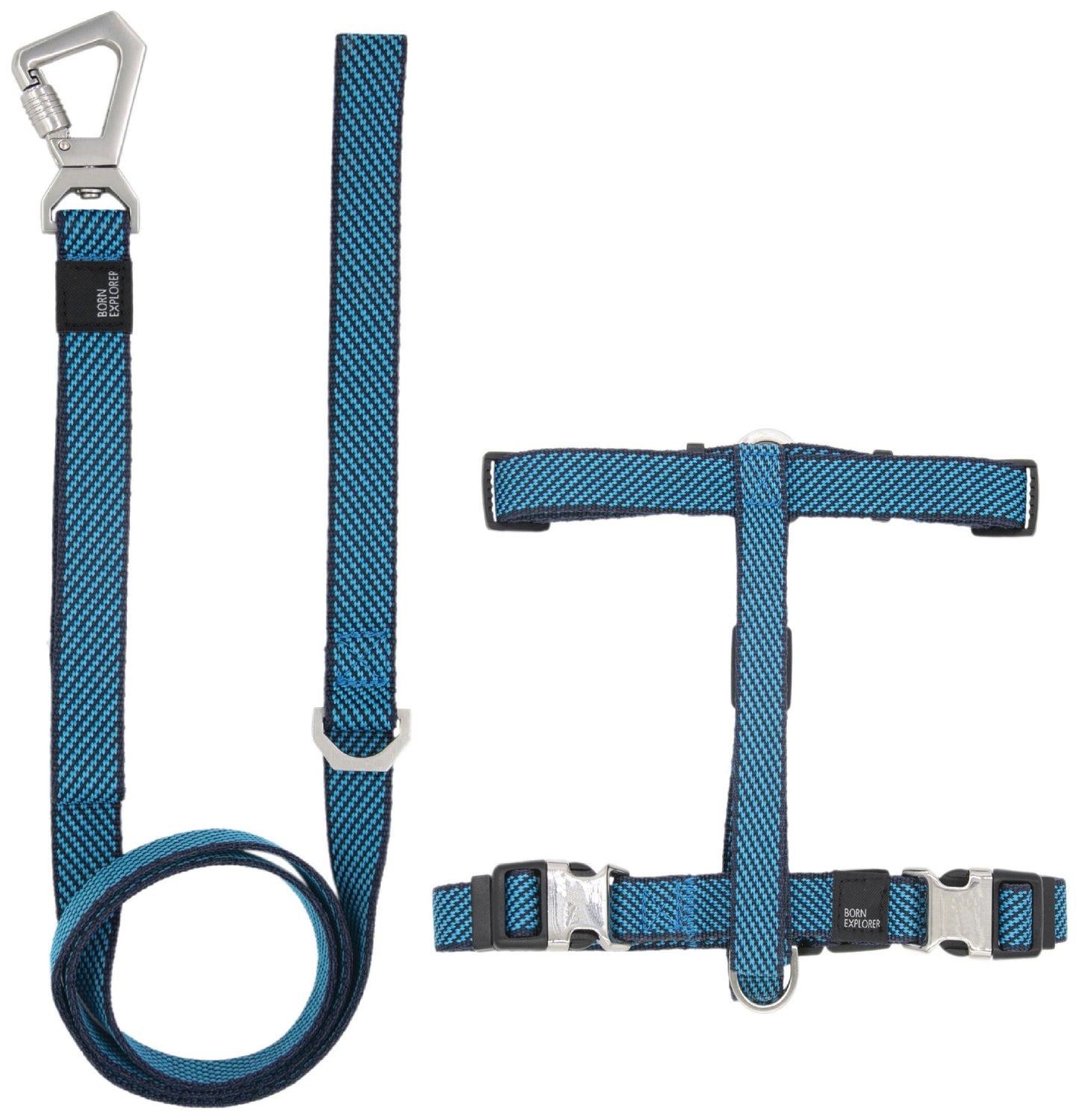 Blue dog harness, leash, and collar set on a white background