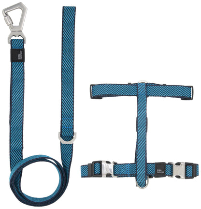 Blue dog harness, leash, and collar set on a white background