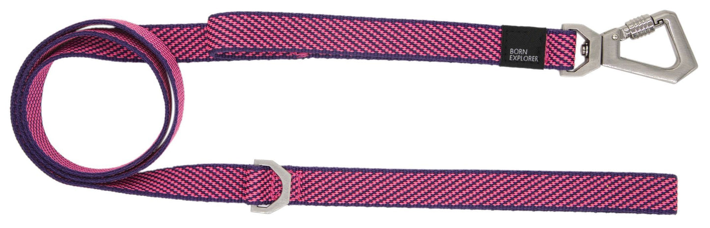 Dog leash with purple and pink pattern on a white background