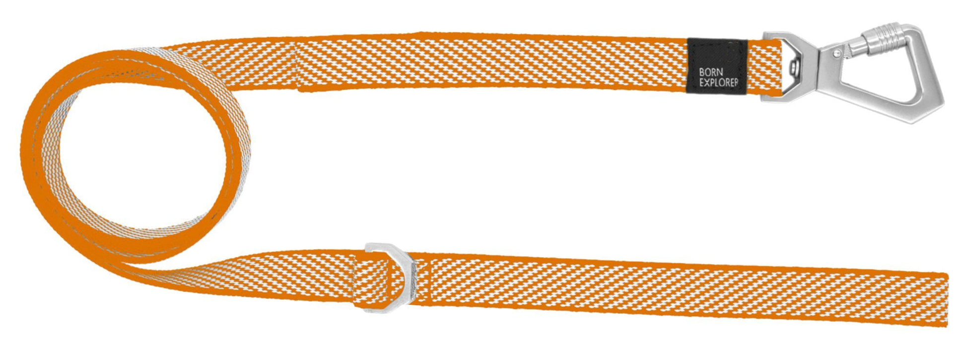Orange dog leash with metal clip on a white background