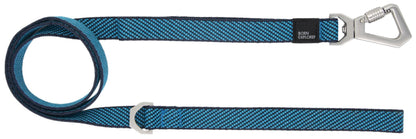 Blue dog leash with metal clip on a white background