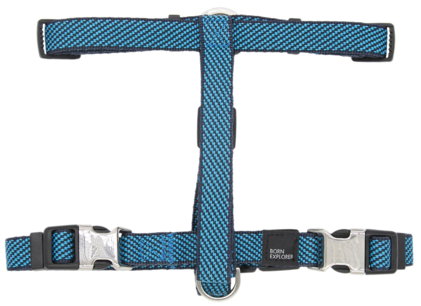 Blue and black patterned dog harness on a white background
