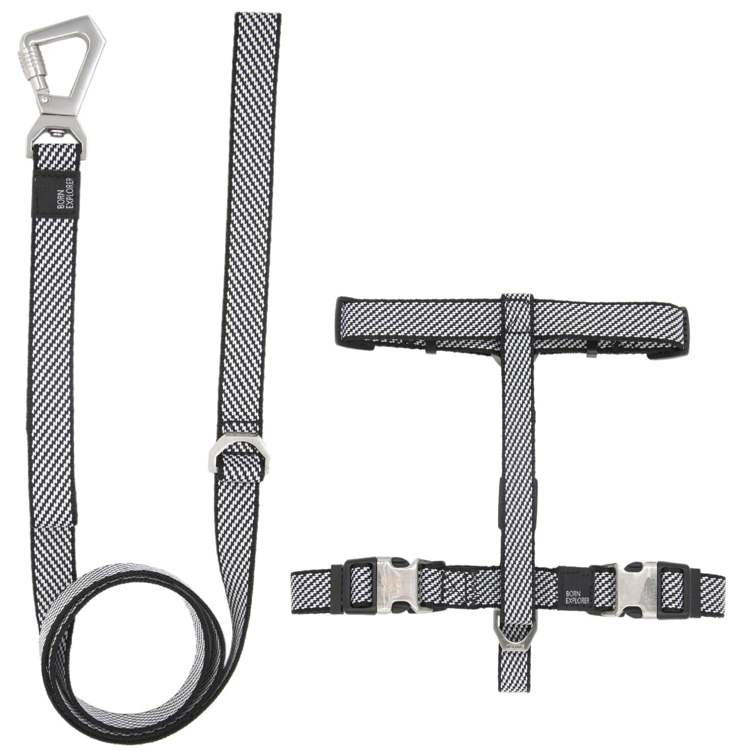 Dog harness and leash set with metal hardware on a white background