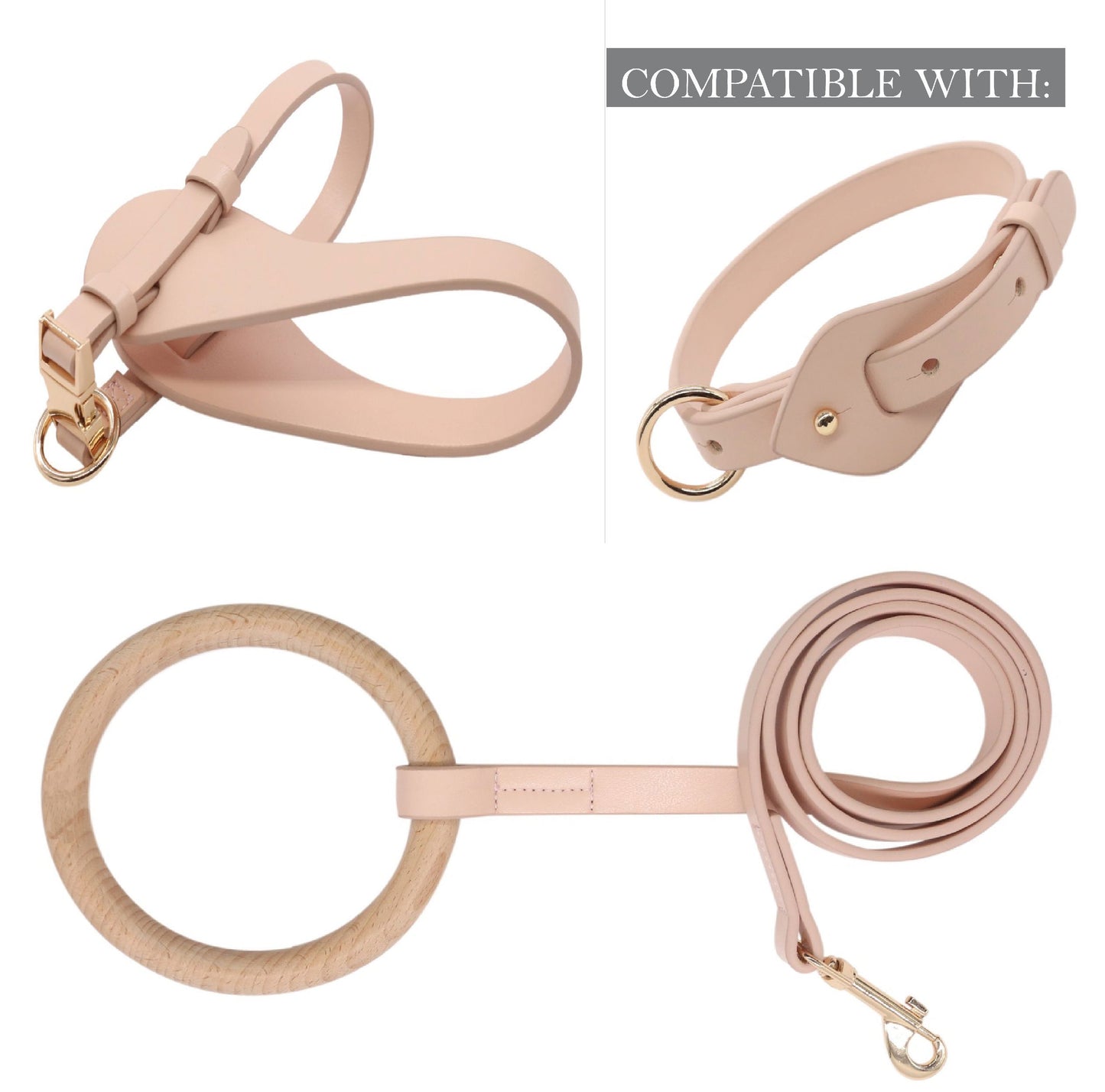 Set of beige leather dog harness and leash on a white background