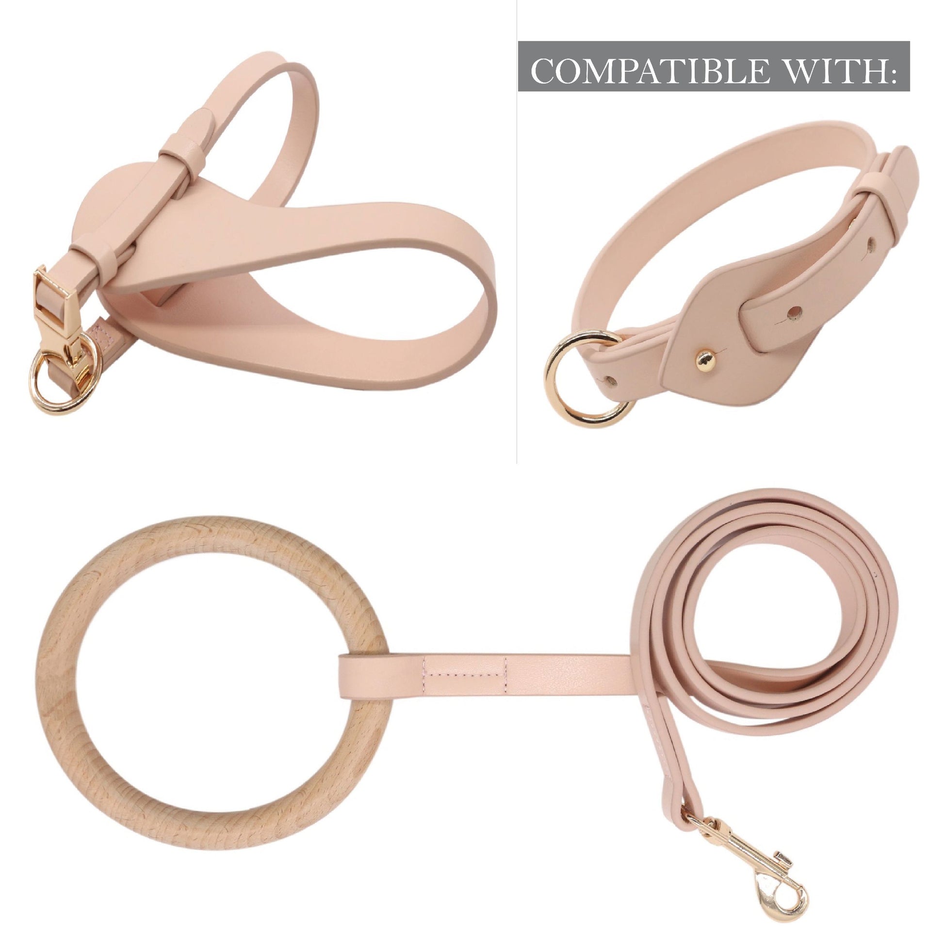 Set of beige leather dog harness and leash on a white background