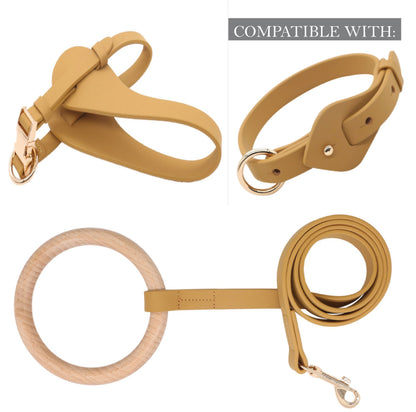 Set of tan leather dog accessories including a collar, leash, and ring on a white background.
