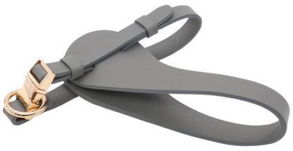 Gray dog leash with a gold clasp on a white background