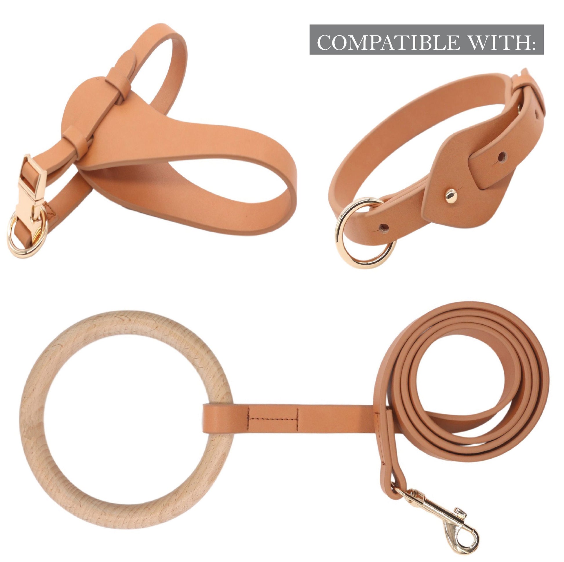Set of brown leather dog accessories including a collar, leash, and ring on a white background.