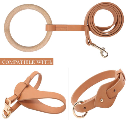 Brown leather dog leash, collar, and ring on a white background
